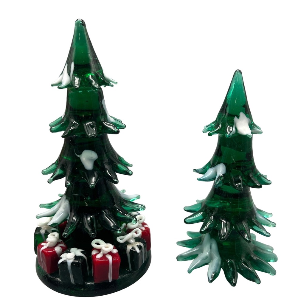 Vtg hand blown art glass‎ Christmas tree figurine green w/red and black presents